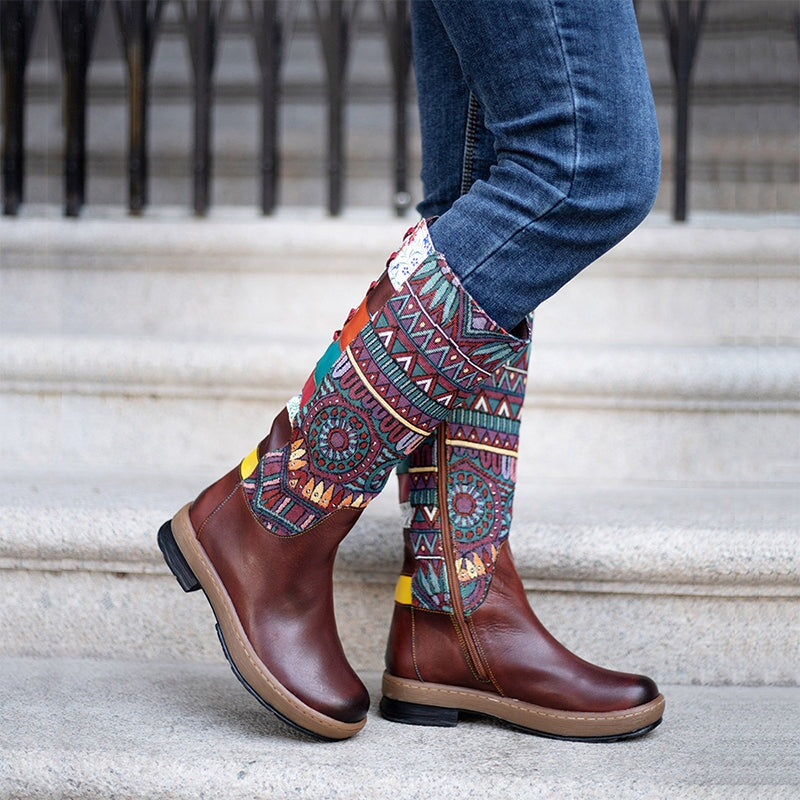 Leather Mid Calf Color Blocking Designer Riding Boots In Brown