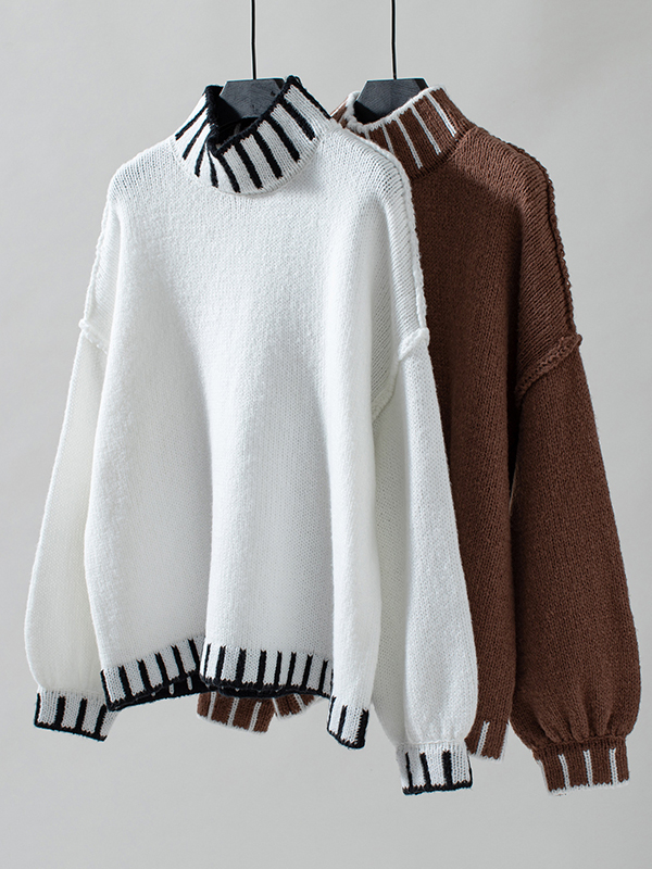 Long Sleeves Loose Contrast Color Split-Joint High Neck Pullovers Sweater Tops
