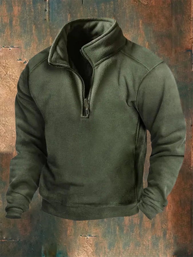 Western Style Stand Collar Zipper Solid Color Men's Sweatshirt