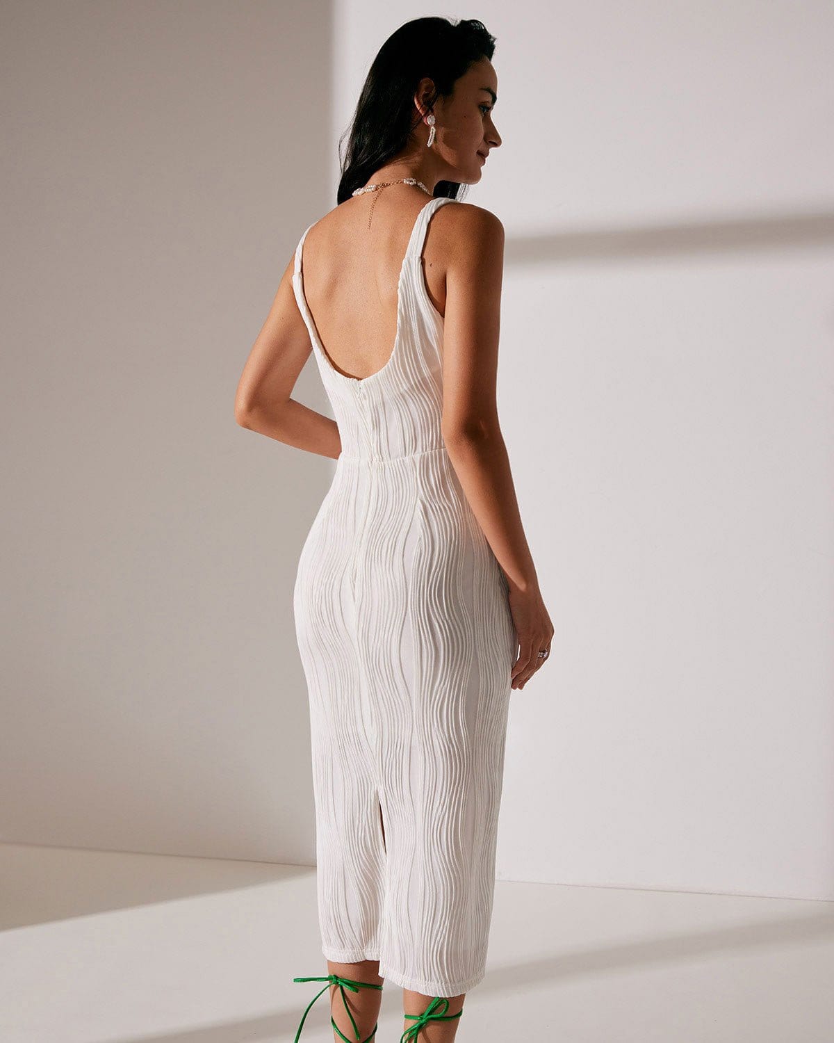 The Water Ripple Textured White Backless Midi Dress