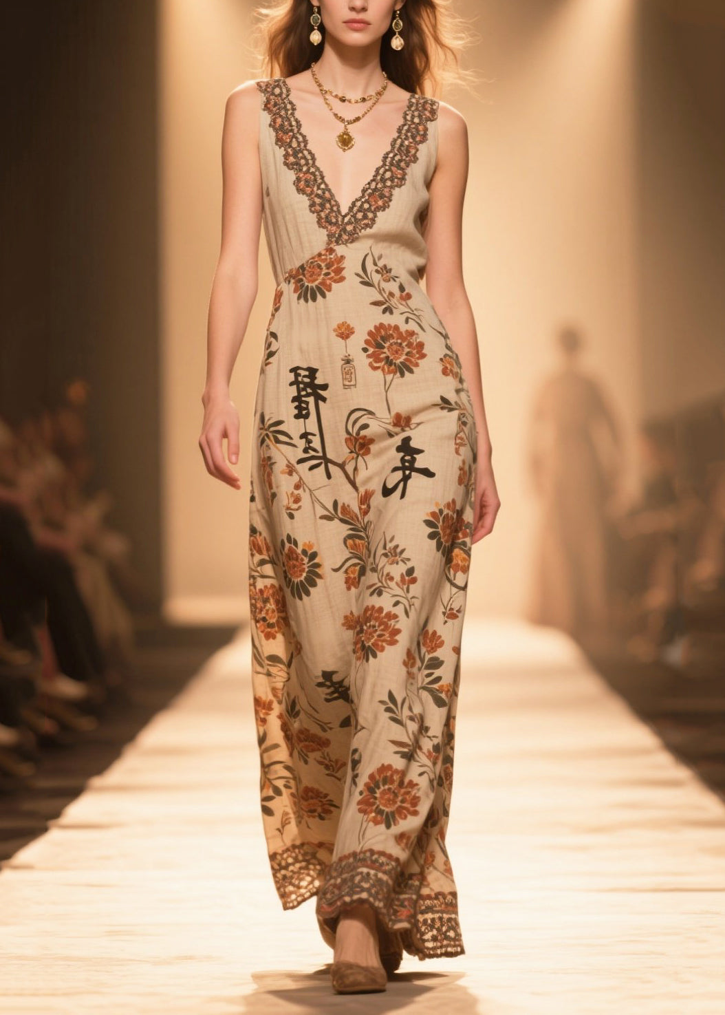 Handmade Coffee V Neck Print Cotton Straight Dress Sleeveless