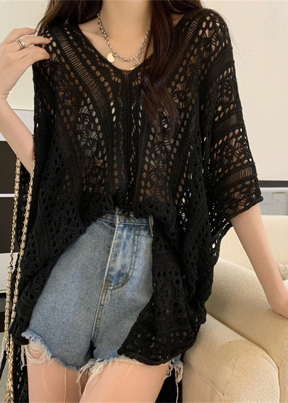 French Black V Neck Asymmetrical Knit Shirts Half Sleeve