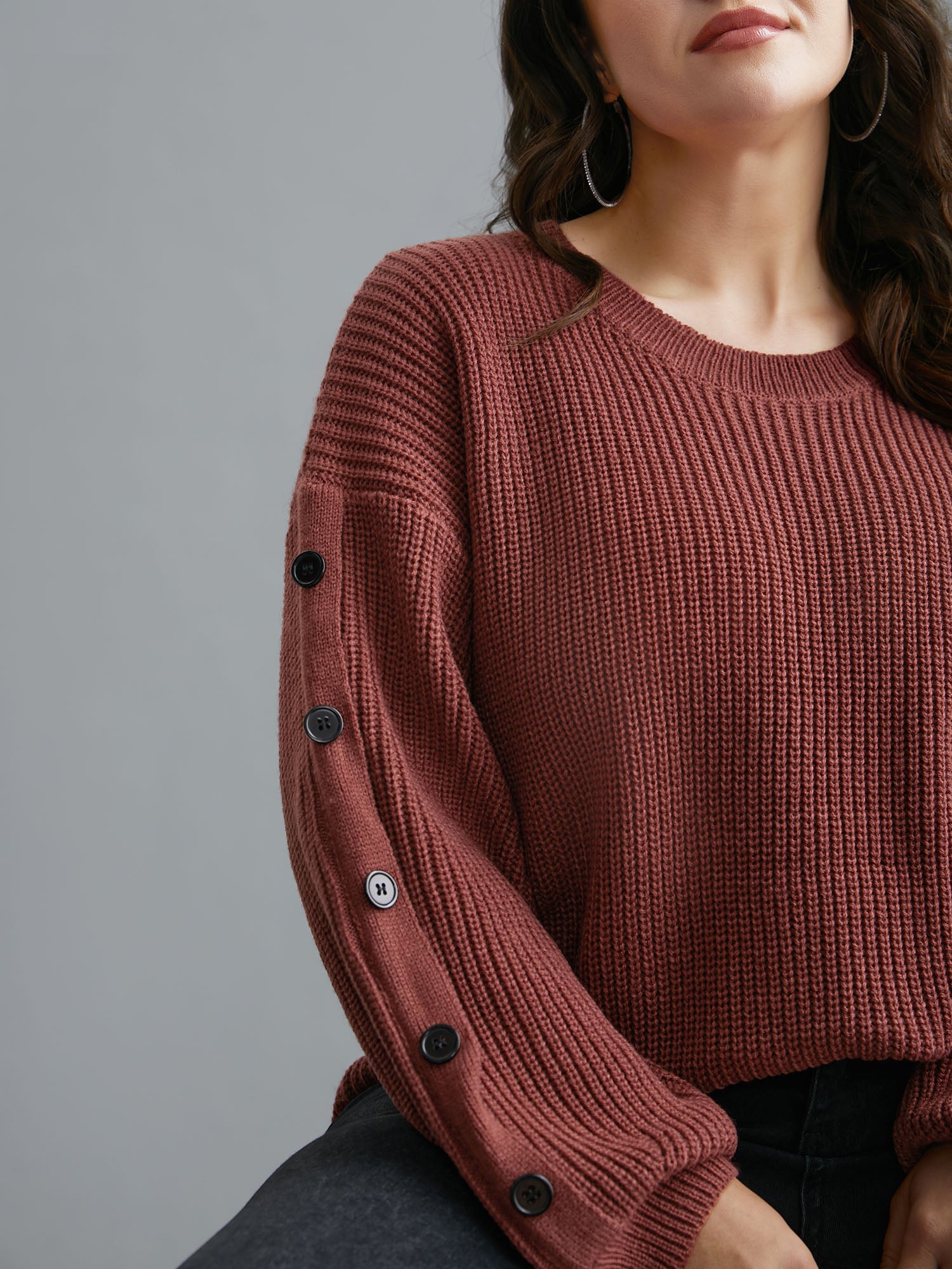 Textured Drop Shoulder Button Detailing Pullover