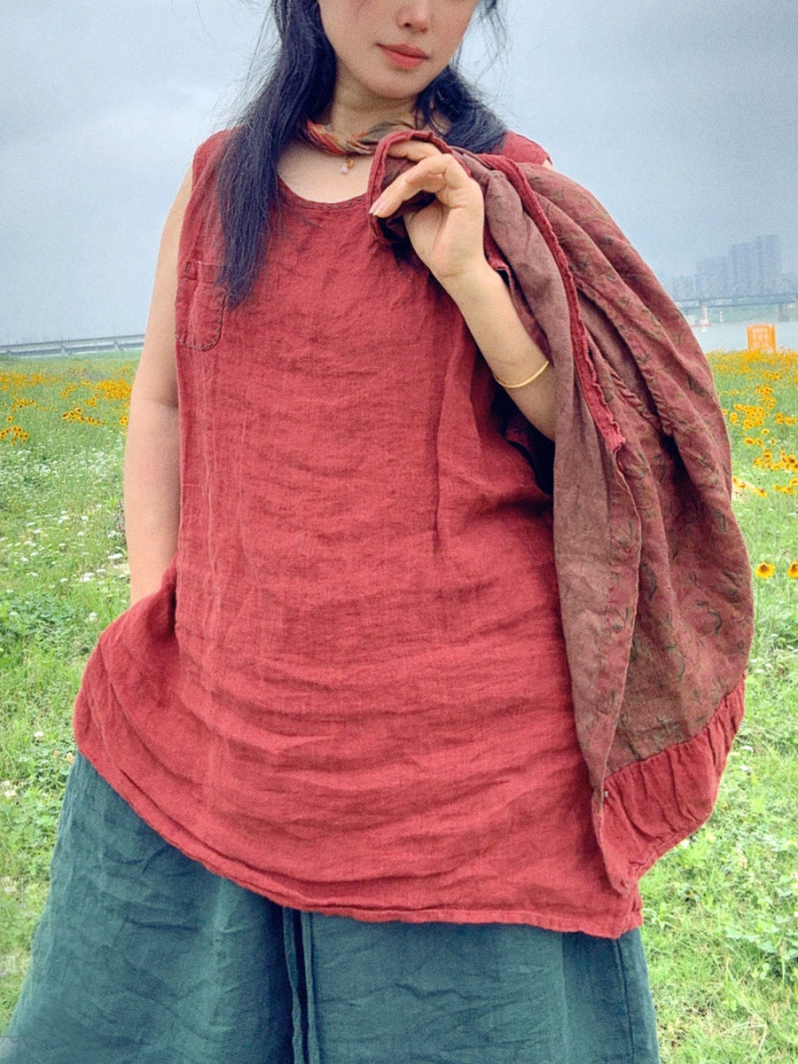 Women Summer Vintage Stitching Linen O-Neck Vest