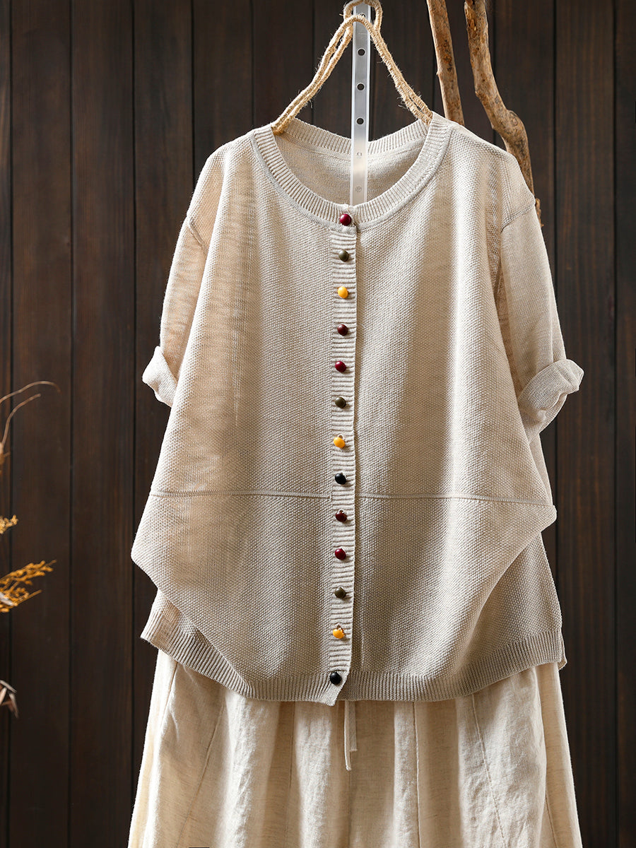 Women Summer Casual Colorful Button Knitted O-Neck Shirt