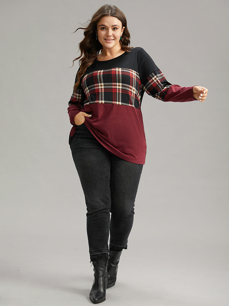 Plaid Contrast Patchwork Round Neck T-shirt