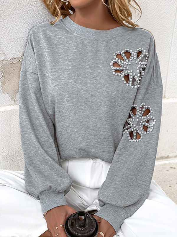 Loose Puff Sleeves Asymmetric Hollow Split-Joint Round-Neck Sweatshirt Tops