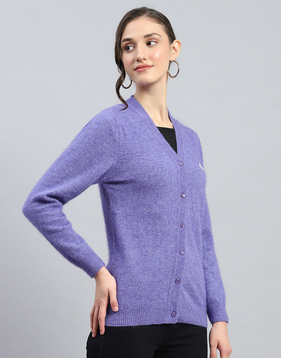 Women Purple Solid V Neck Full Sleeve Cardigan