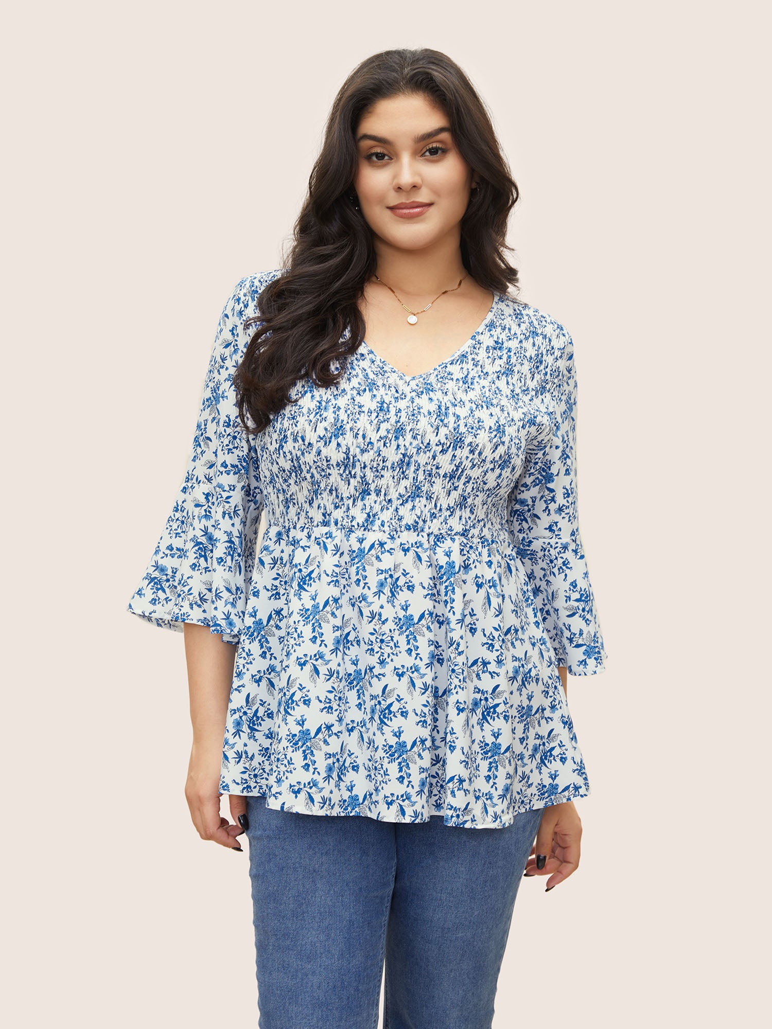 Ditsy Floral Shirred Ruffle Sleeve Blouse