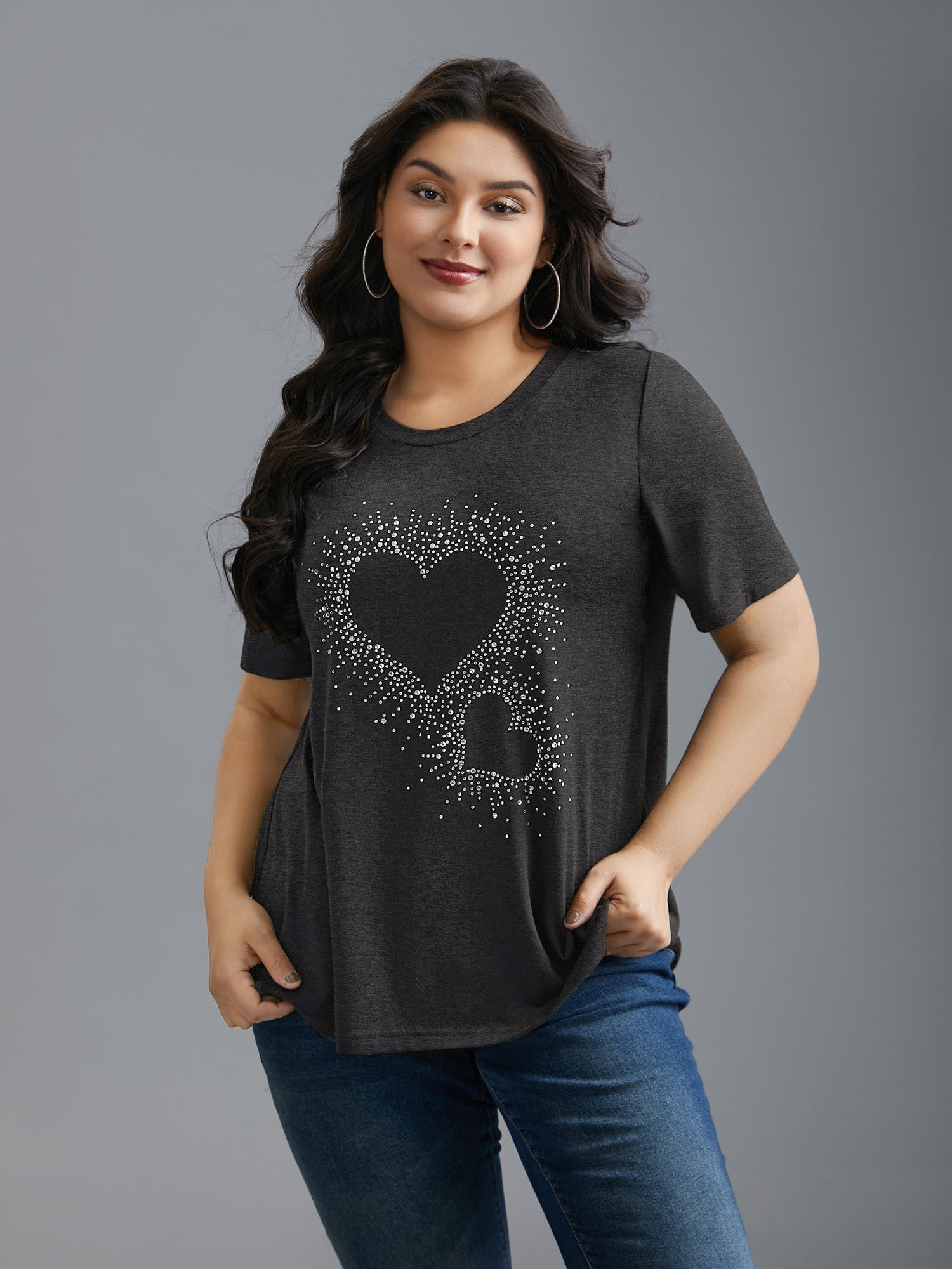 Crew Neck Rhinestone Heart T-Shirt