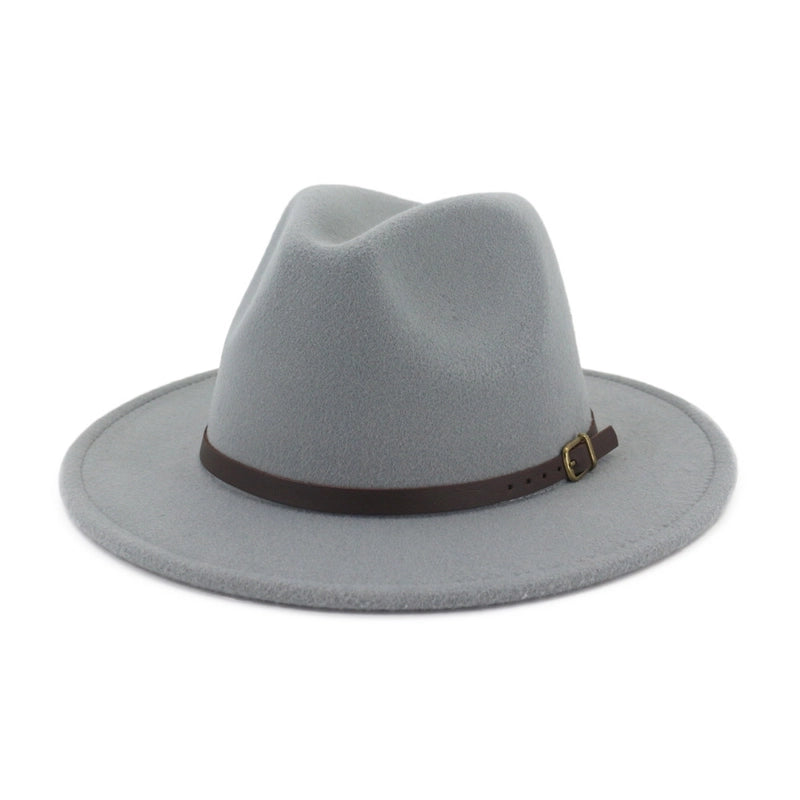 New Women's Woolen Brown Belt Buckle Top Hat Men And Women Couple Hat Flat Brim Big Brim Jazz Hat