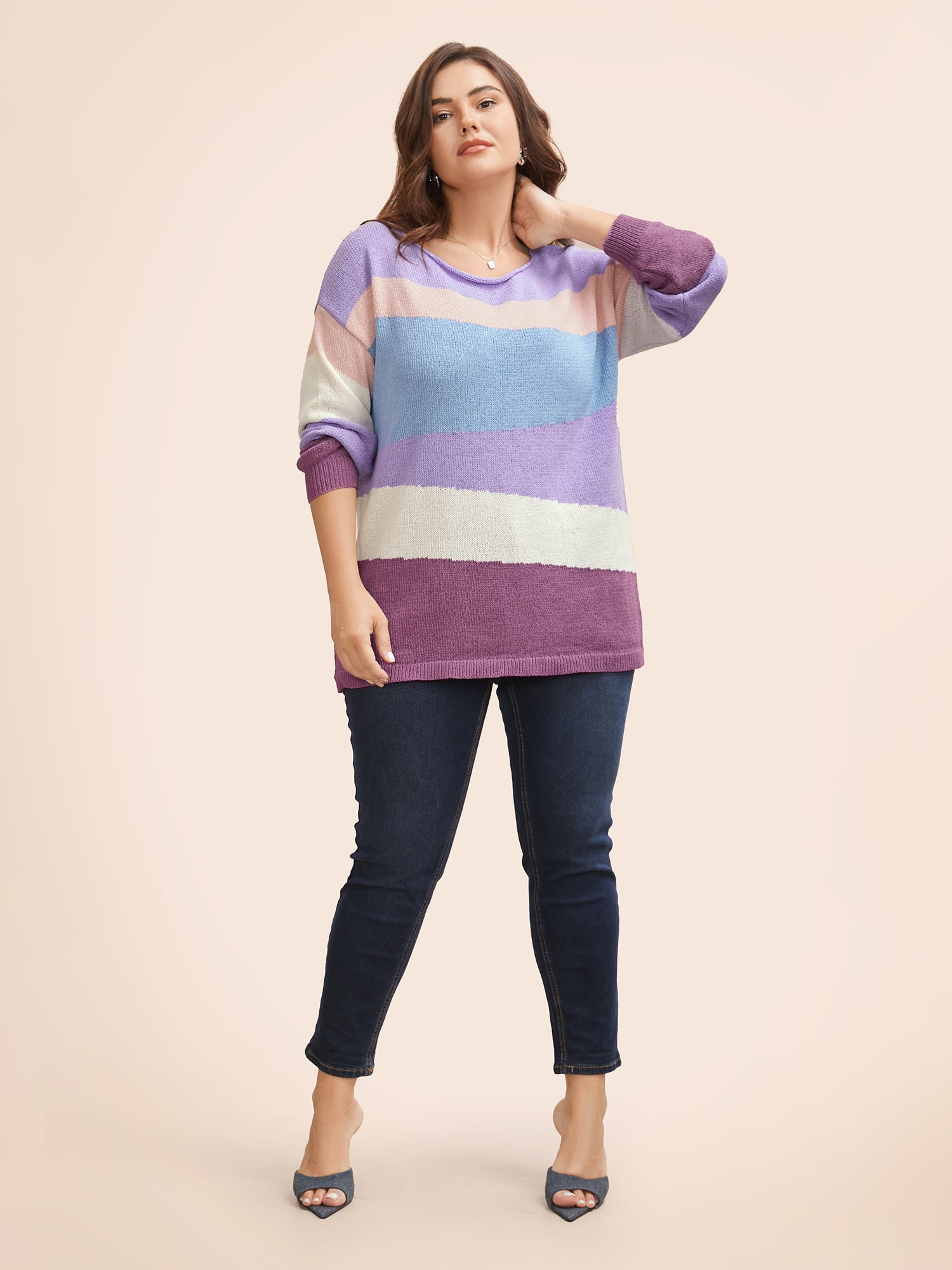 Colorblock Contrast Boat Neck Drop Shoulder Pullover