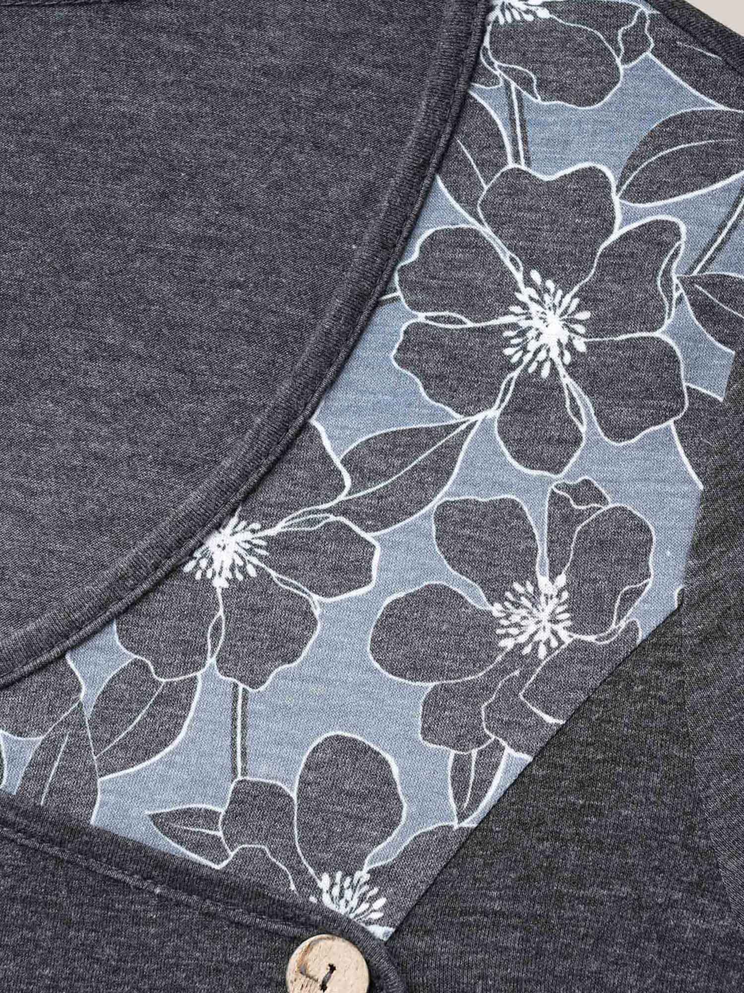 Printed Side-Buttons Wrap Knit Top