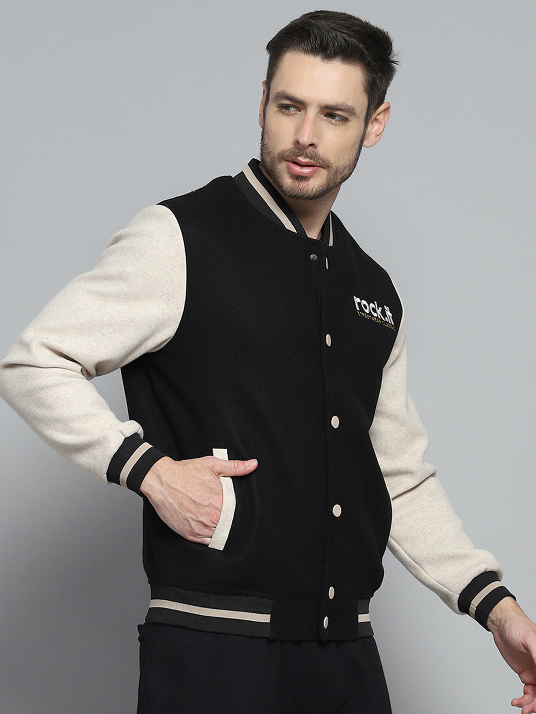 Men Black Printed Band Collar Full Sleeve Sweatshirt