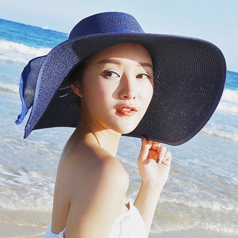 Women's Basic Solid Color Bowknot Flat Eaves Sun Hat