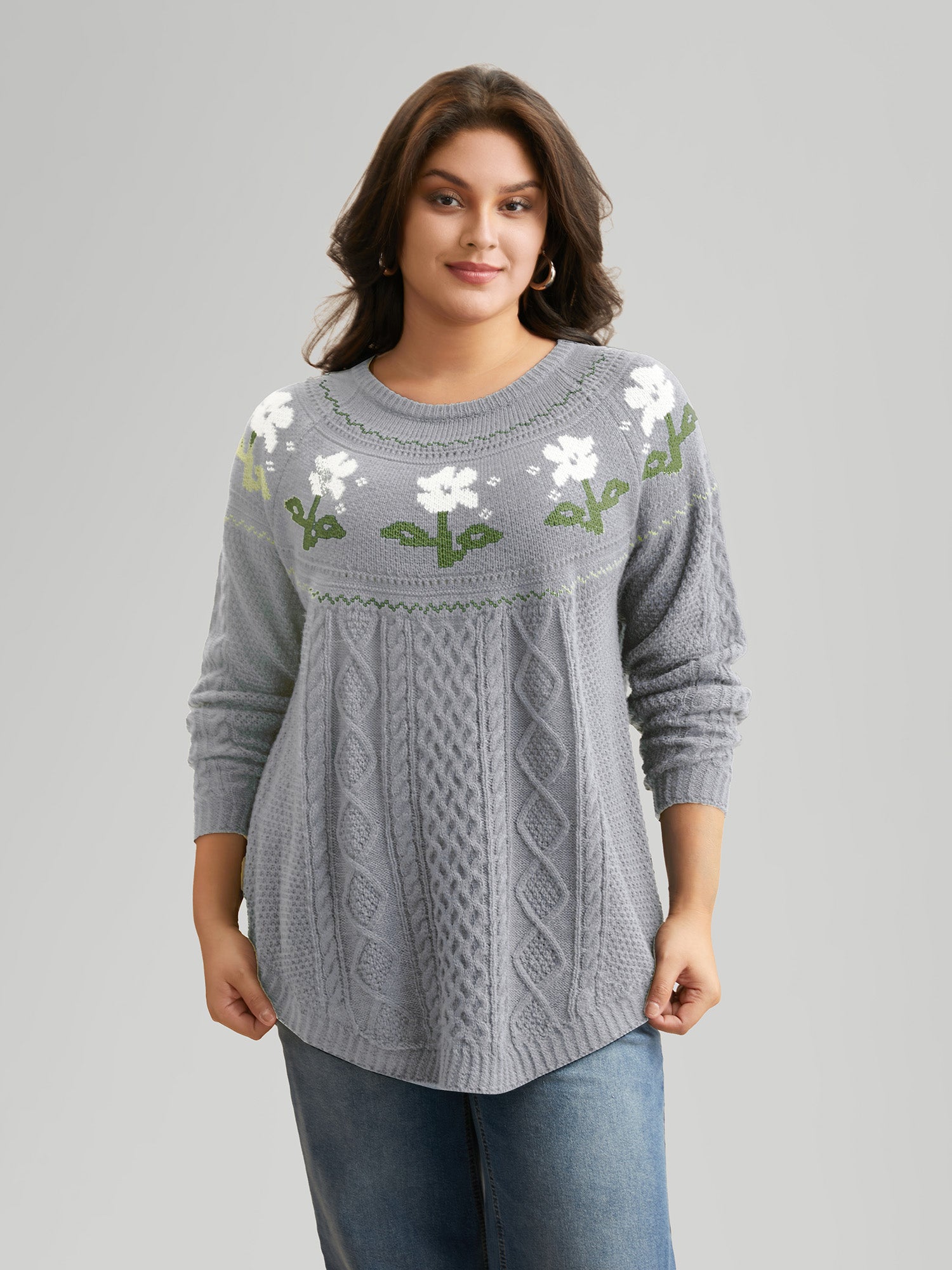 Floral Jacquard Raglan Sleeve Pullover