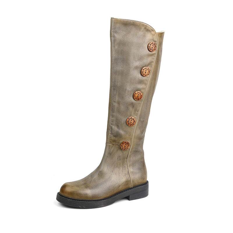 Women Leather Handmade Knee-Length Boots With Ziper Low Heel in Grey/Coffee