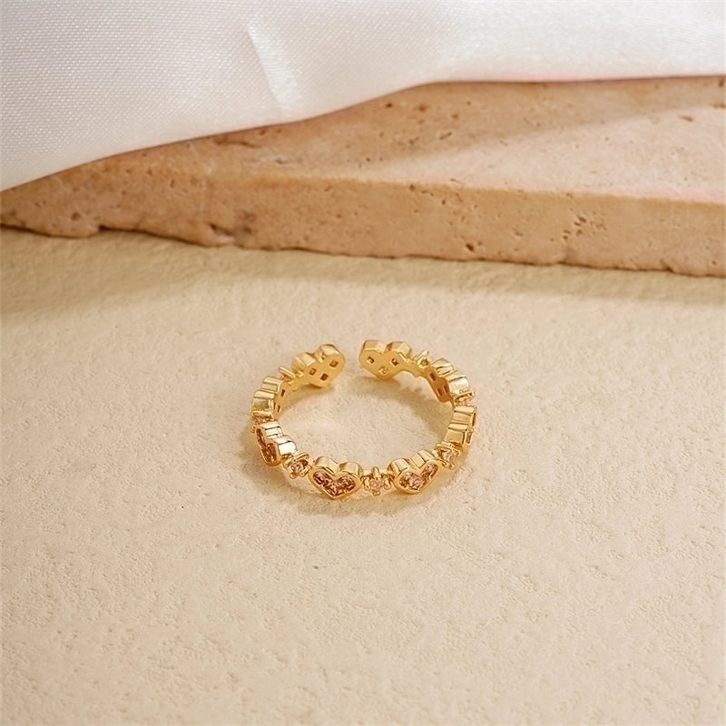 Copper Gold Plated IG Style Minimalist Plating Inlay Heart Shape Flower Zircon Open Rings