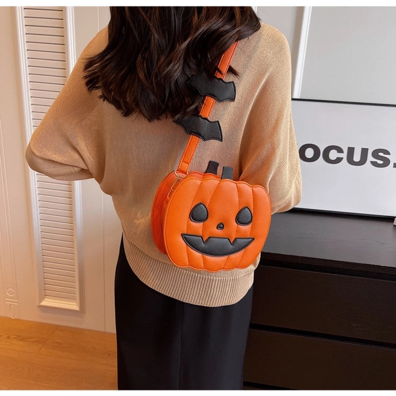 Halloween Women's Medium Pu Leather Pumpkin Vintage Style Zipper Shoulder Bag