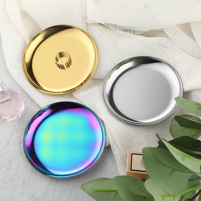 Luxury Metal Round Small Jewelry Tray Stainless Steel Storage Plate Dormitory Cosmetic Ornament Plate Decorative Item