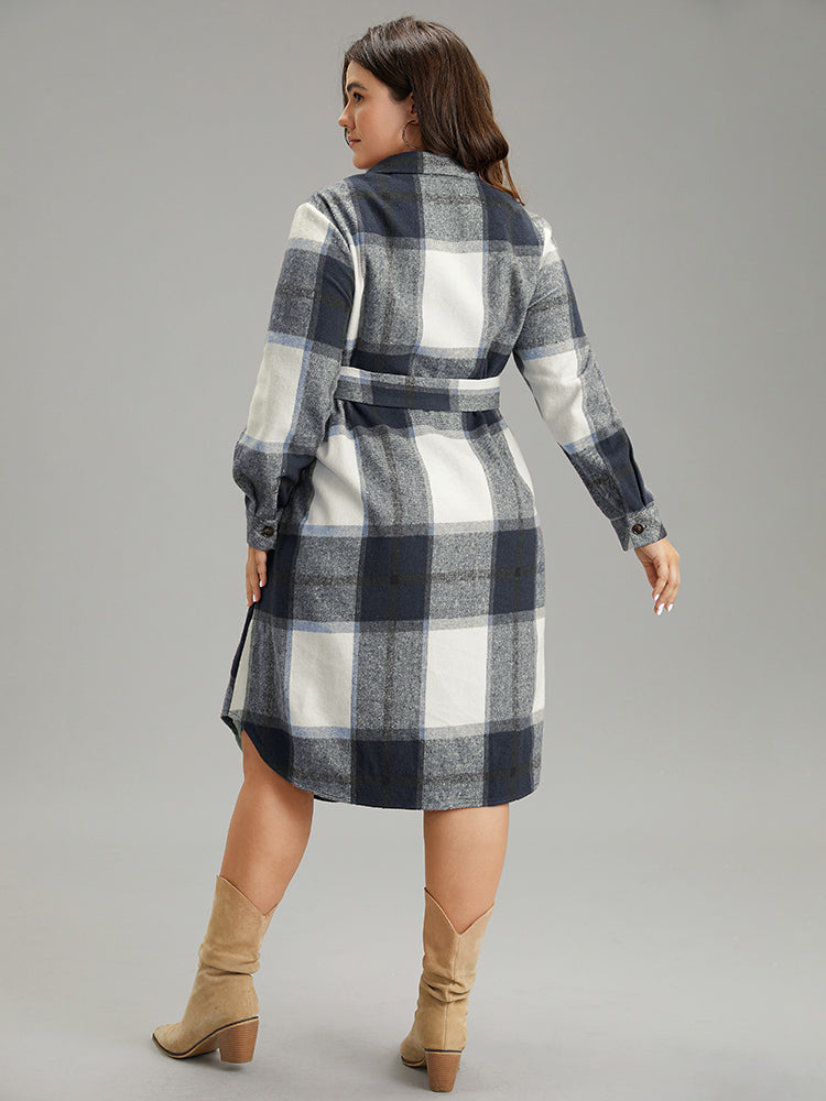 Plaid Shirt Collar Button Through Belted Dress