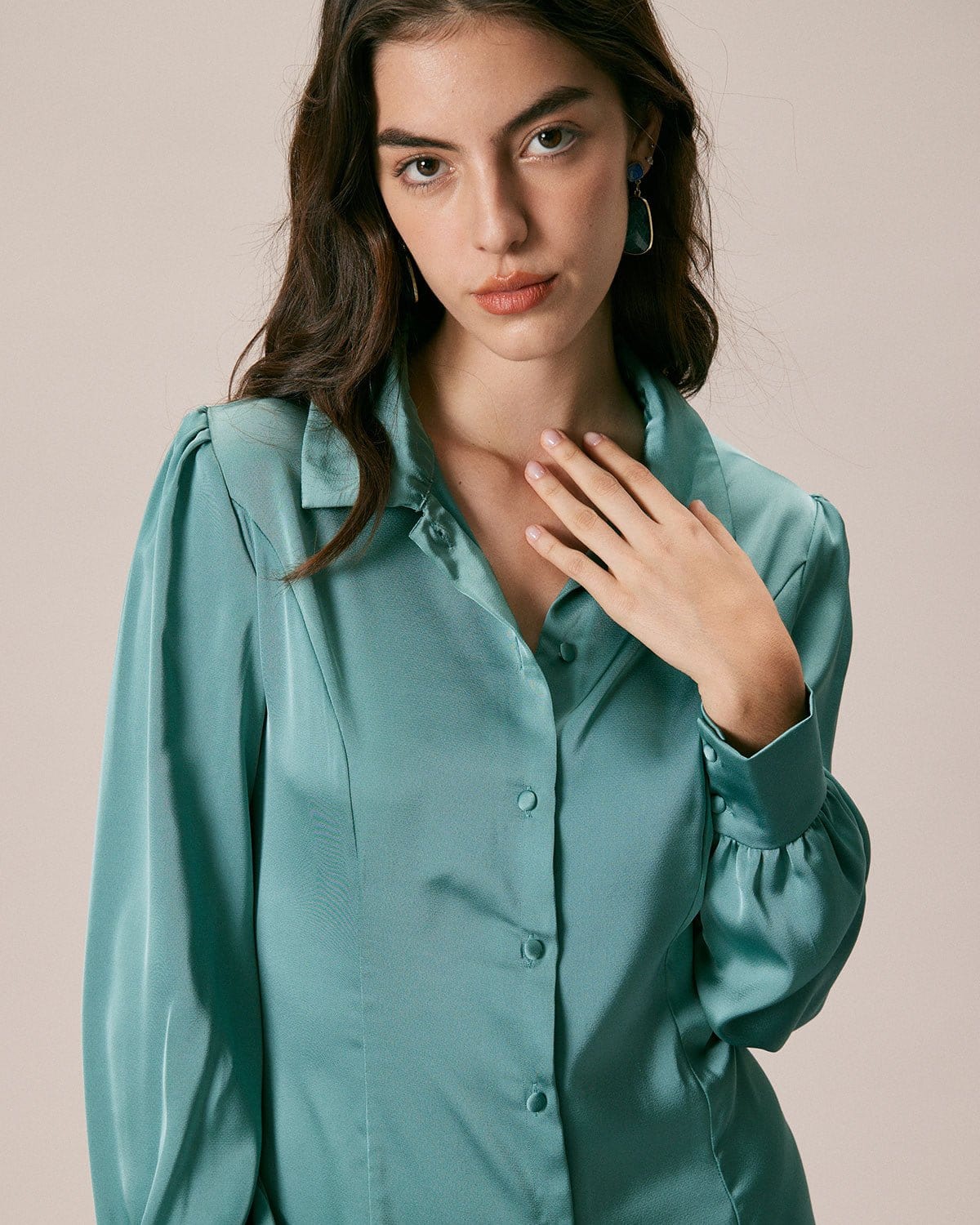 The Green Lapel Button Satin Shirt Mini Dress