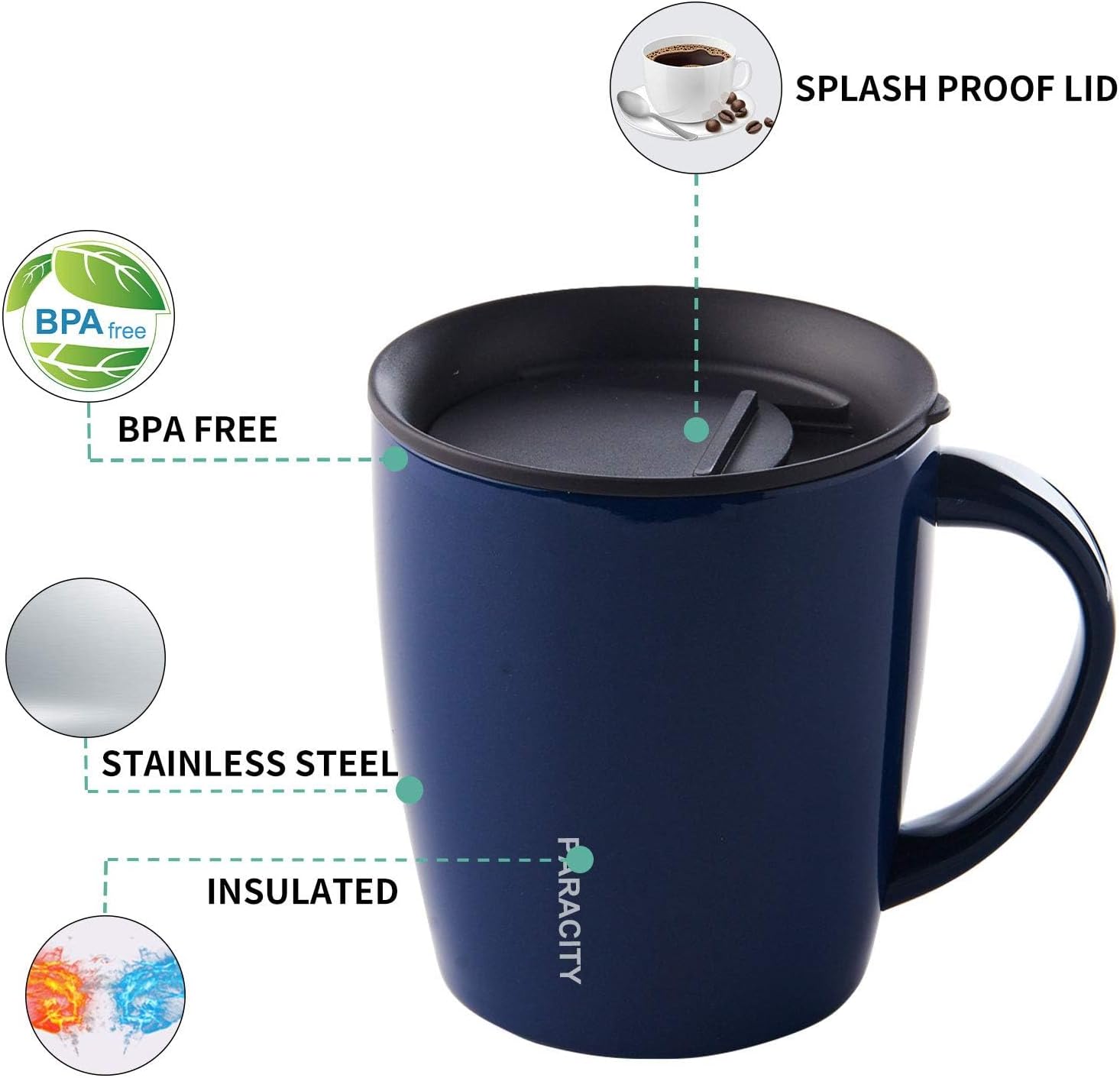 PARACITY Insulated Coffee Cup, Travel Mug With Handle for Hot and Cold Beverages - Double Wall Vacuum, 12.3oz/350ml Blue