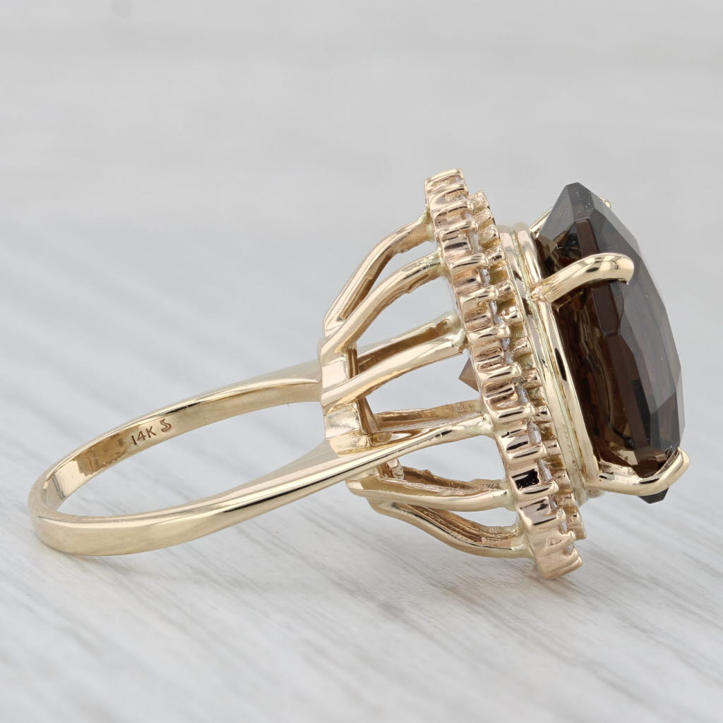 18.4ctw Smoky Quartz Diamond Halo Ring 14k Yellow Gold Size 7 Cocktail