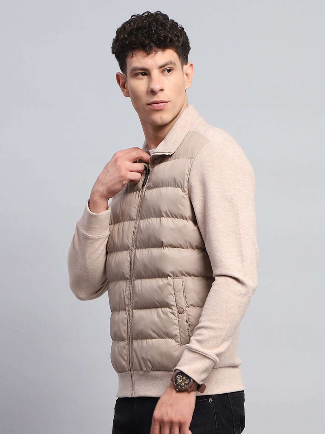 Men Beige Solid Collar Full Sleeve Jacket