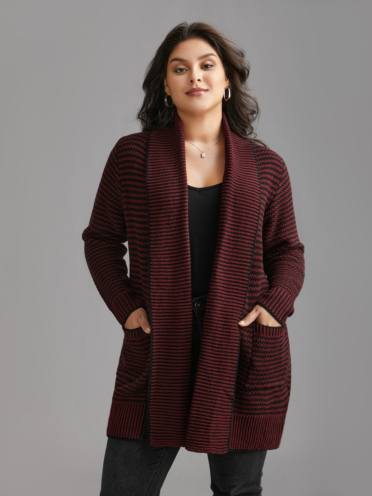 Collared Pockets Open-Front Long Cardigan