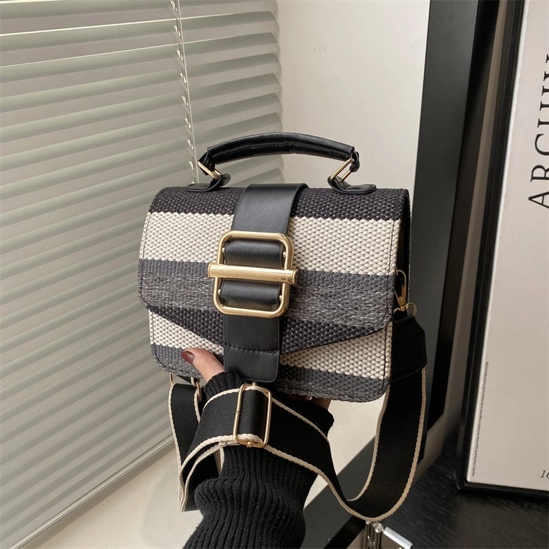 Women's Pu Leather Stripe Classic Style Sewing Thread Square Magnetic Buckle Flip Cover Crossbody Bag
