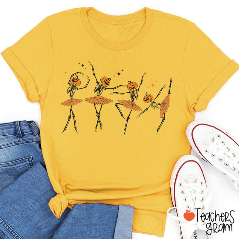 Dancing Pumpkin Skeleton Teacher T-Shirt