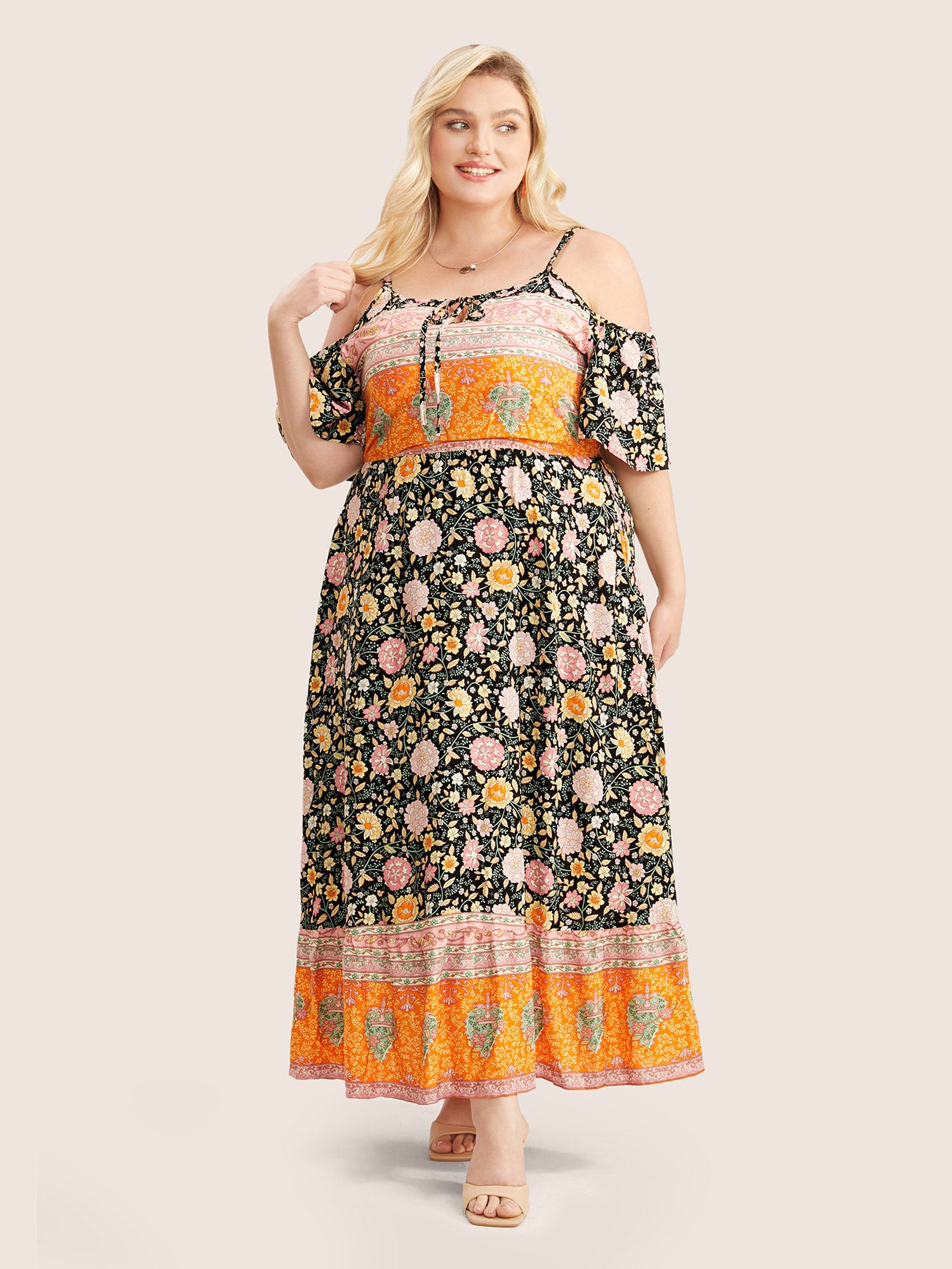 Floral Print Pocket Keyhole Ruffles Cold Shoulder Maxi Dress