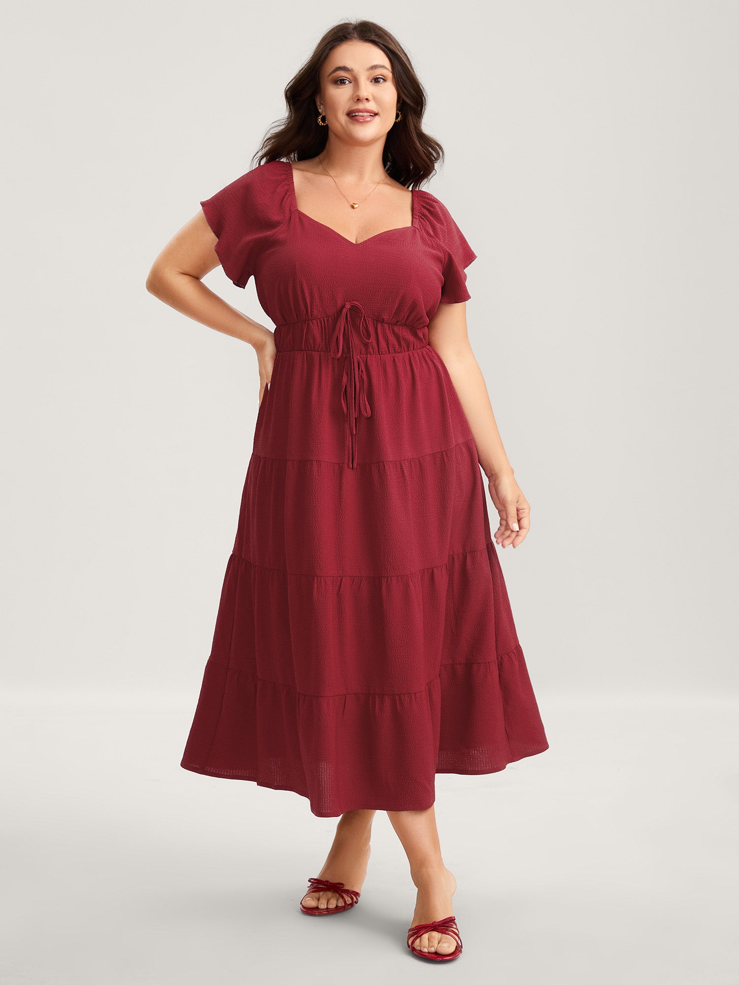 Stretchy Waist Tiered Solid Midi Dress