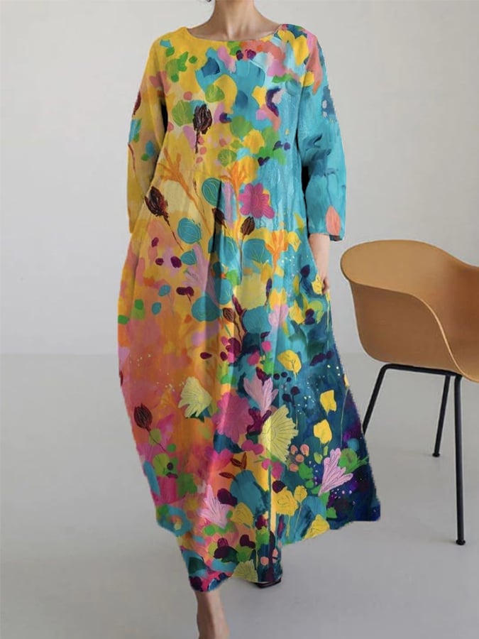 Women's Floral Print Round Neck Casual Long Dress