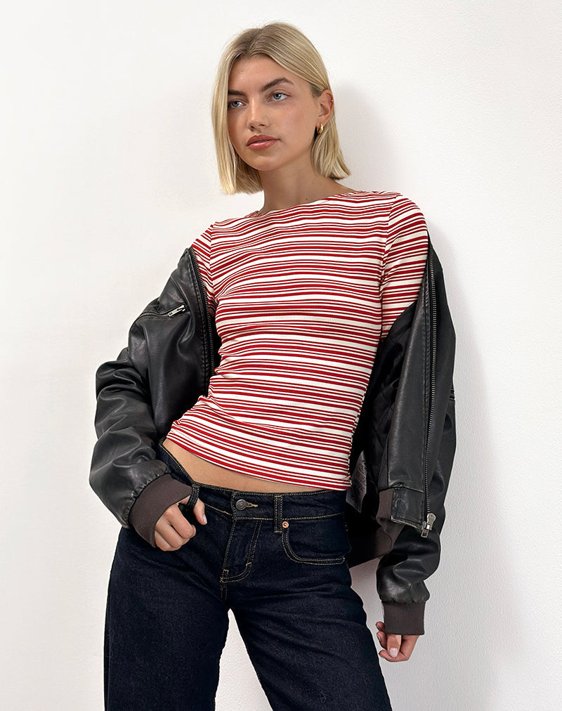 Haruka Top in Stripe Red and White