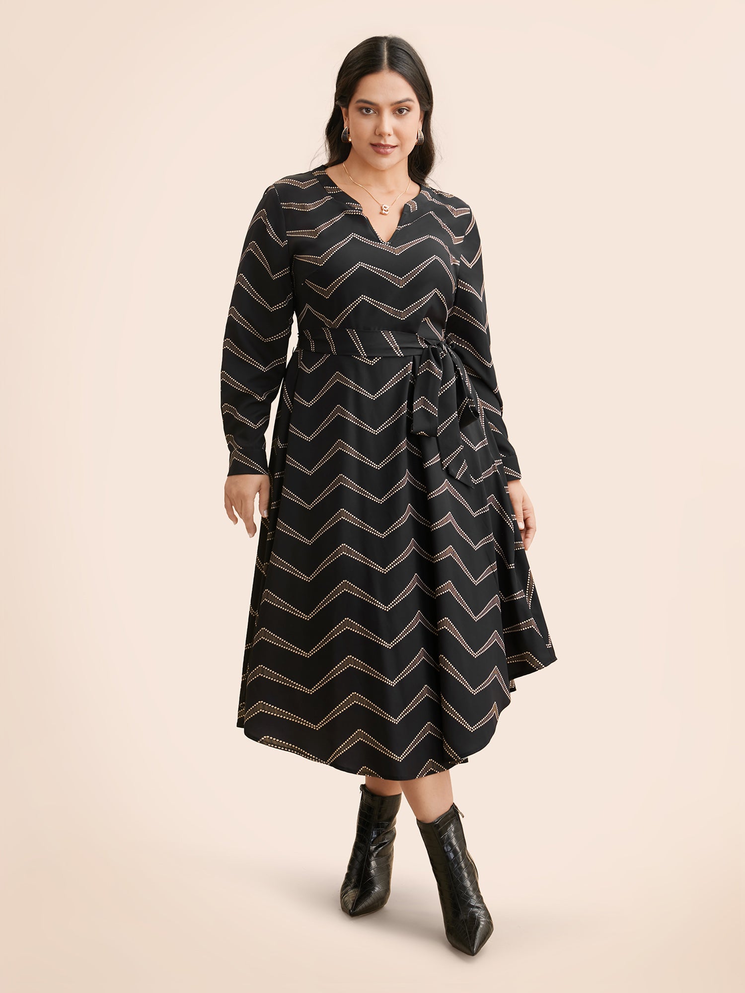 Geometric Notched Belted Midi Dress