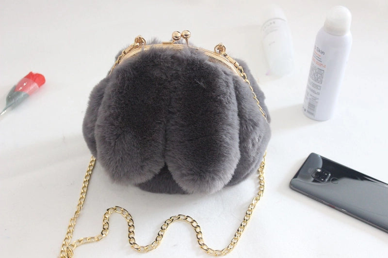 Women's Plush Rabbit Solid Color Cute Round Lock Clasp Handbag Crossbody Bag