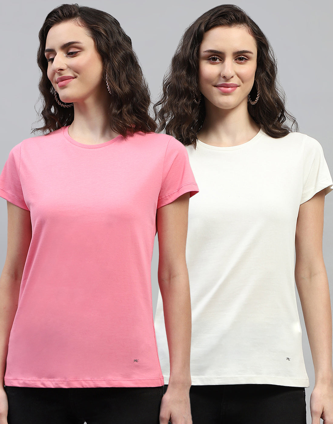 Women Off White & Pink Solid Round Neck Half Sleeve Top (Pack of 2)