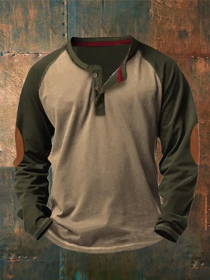 Men's Casual Fashion Color Blocked Raglan Long Sleeve Henley Shirt