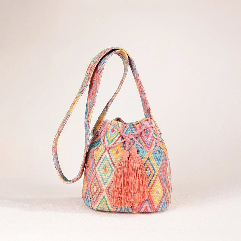 Women's Medium Canvas Geometric Ethnic Style Bucket Open Bucket Bag