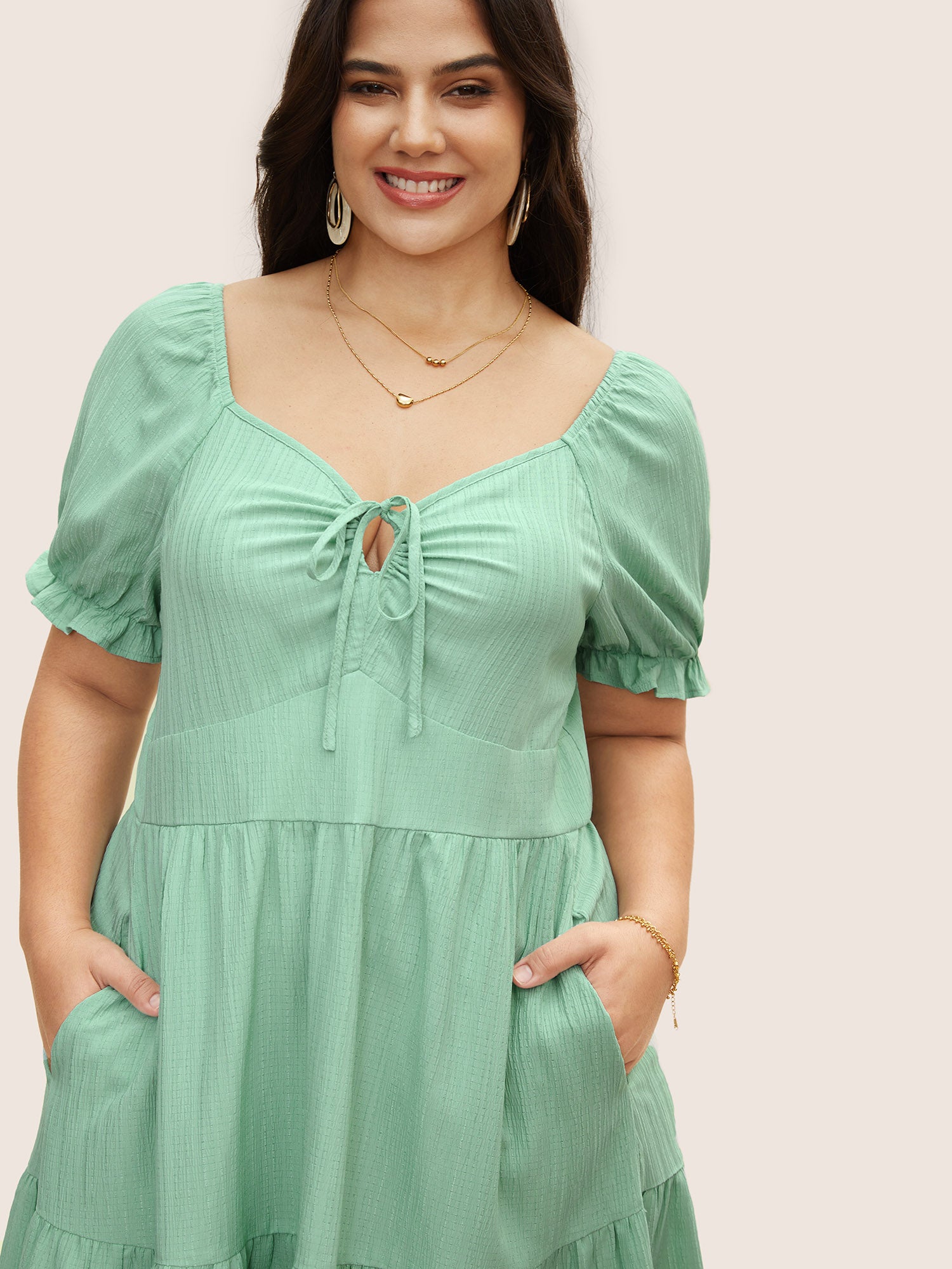 Heart Neckline Drawstring Ruffle Layered Hem Dress