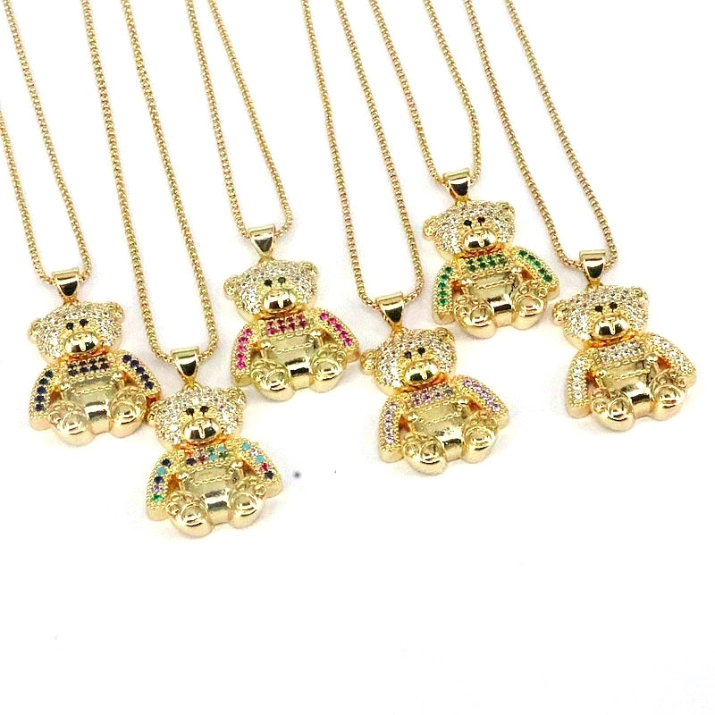 Hip-hop Retro Little Bear Copper Plating Inlay Zircon Gold Plated Pendant Necklace