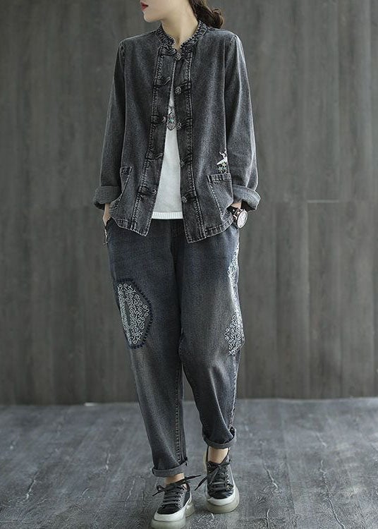 Organic Black Embroideried Patchwork Chinese Button Denim Coats Spring
