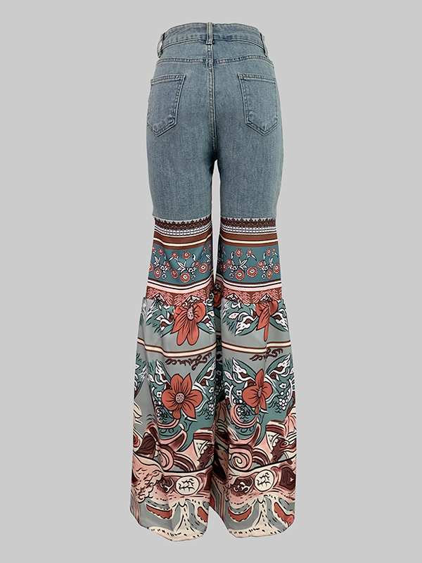 Flared Pants Floral Printed High-Waisted Pockets Jean Pants Bottoms