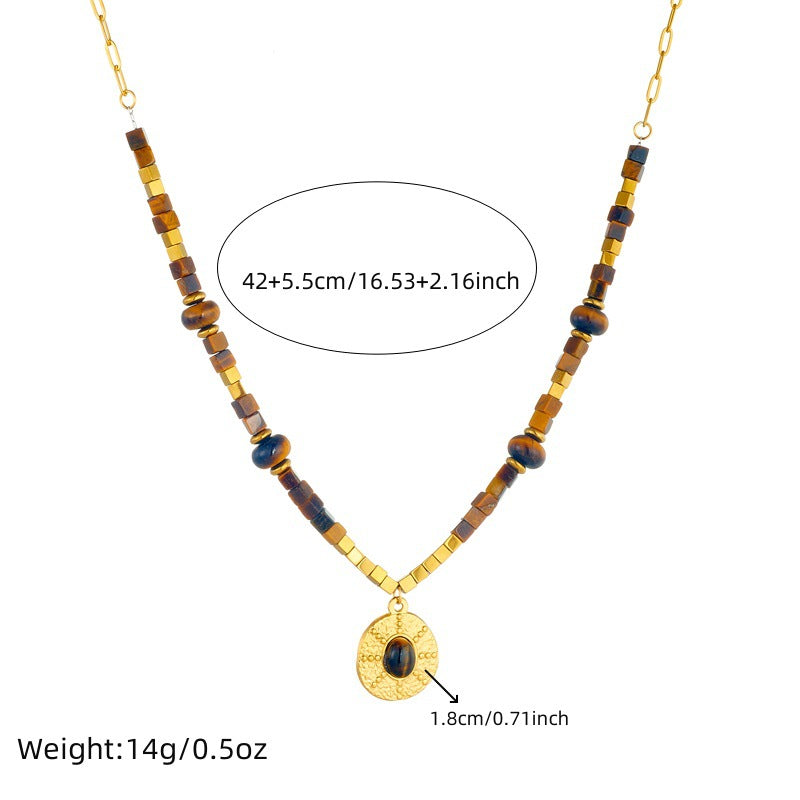 Retro Maillard Style Square Round Geometric Tiger Eye Stone Stainless Steel Round Heart Pendant Necklace