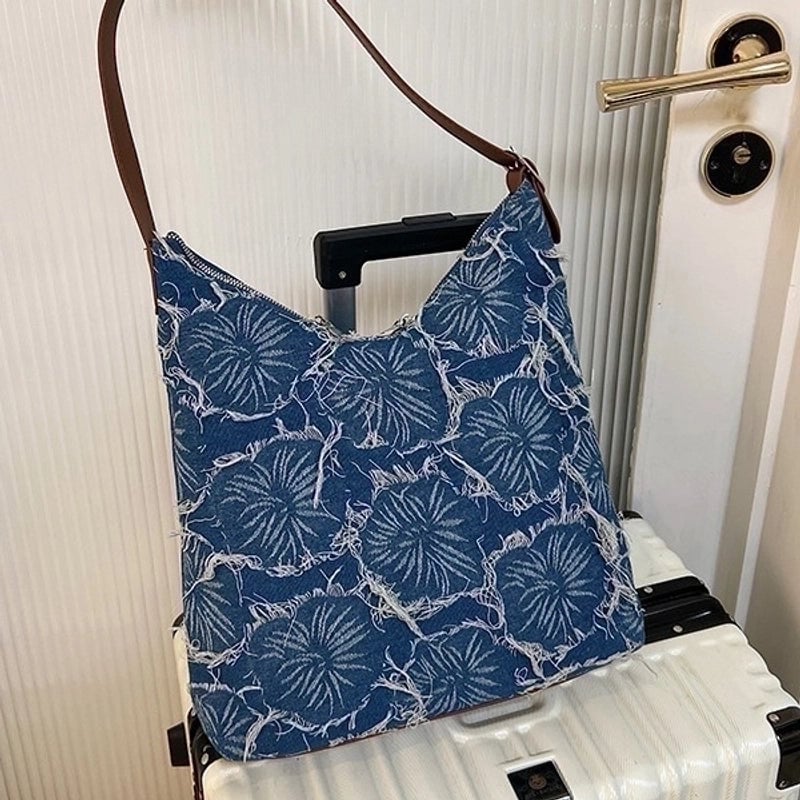 Women's Large Denim Flower Basic Square Zipper Shoulder Bag