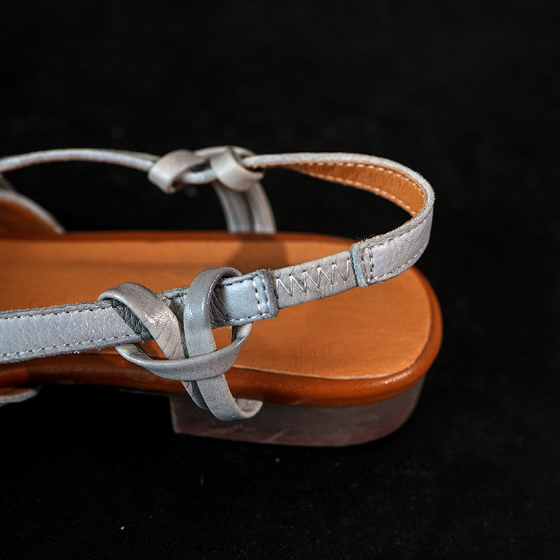 Fashion Closed Toe Slingback Roman Sandals Genuine Leather Cut-Out Woven Summer Flats in Grey/Apricot