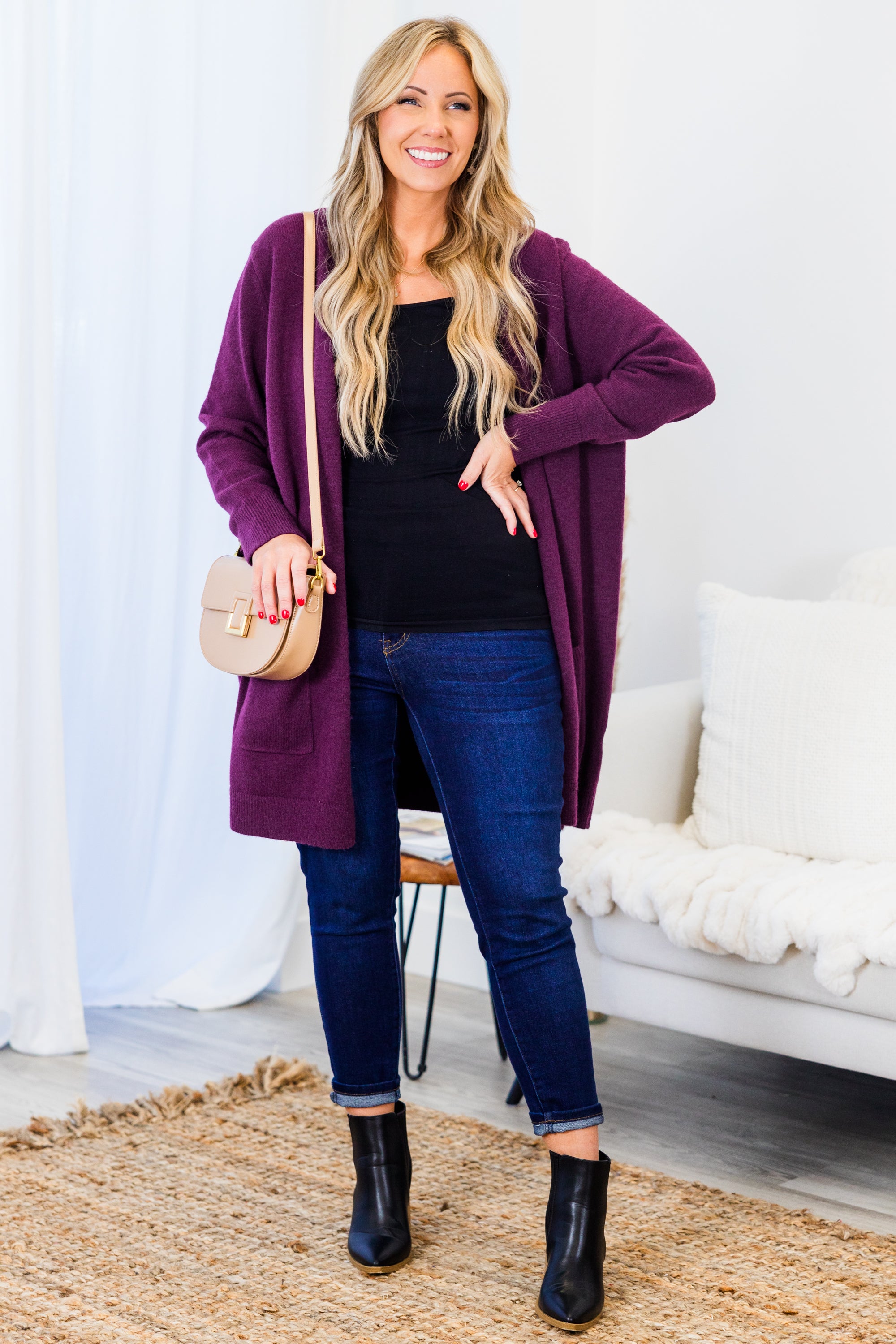 Bundled Up In Joy Cardigan. Plum