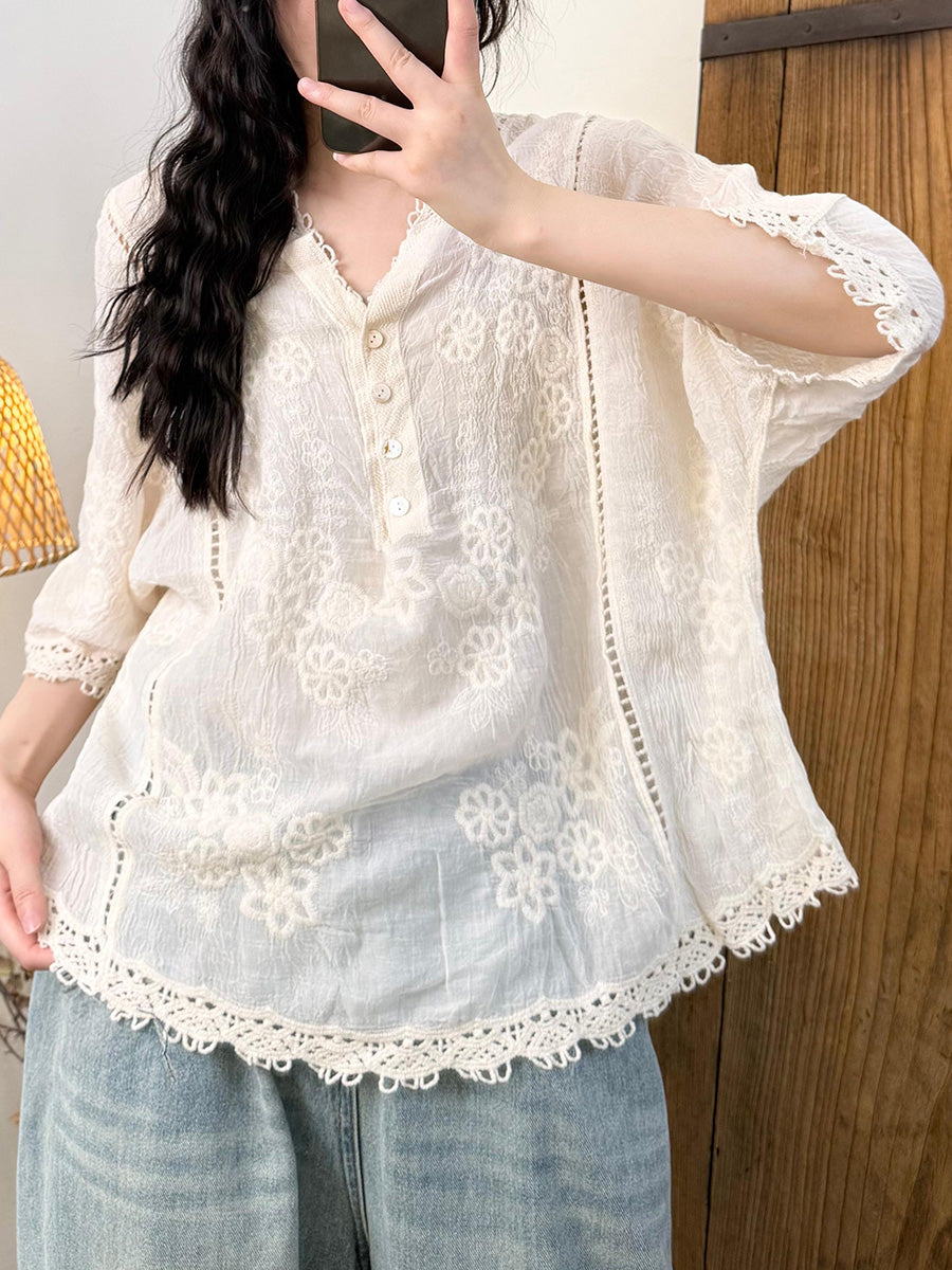 Women Summer Artsy Embroidery Flower Ramie V-Neck Shirt